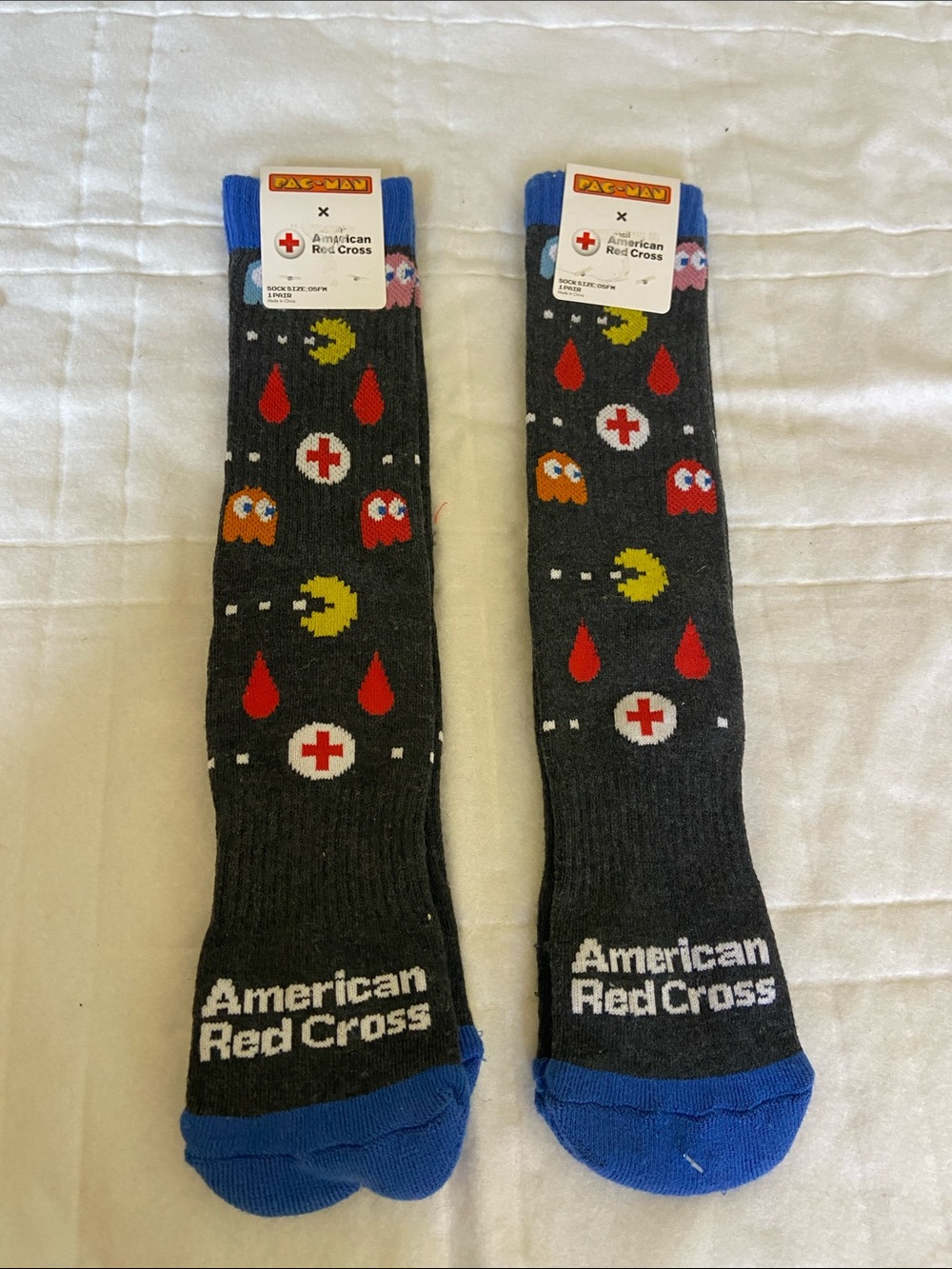 American Red Cross x Pac-Man Crew Socks in Charcoal with Blue Accents